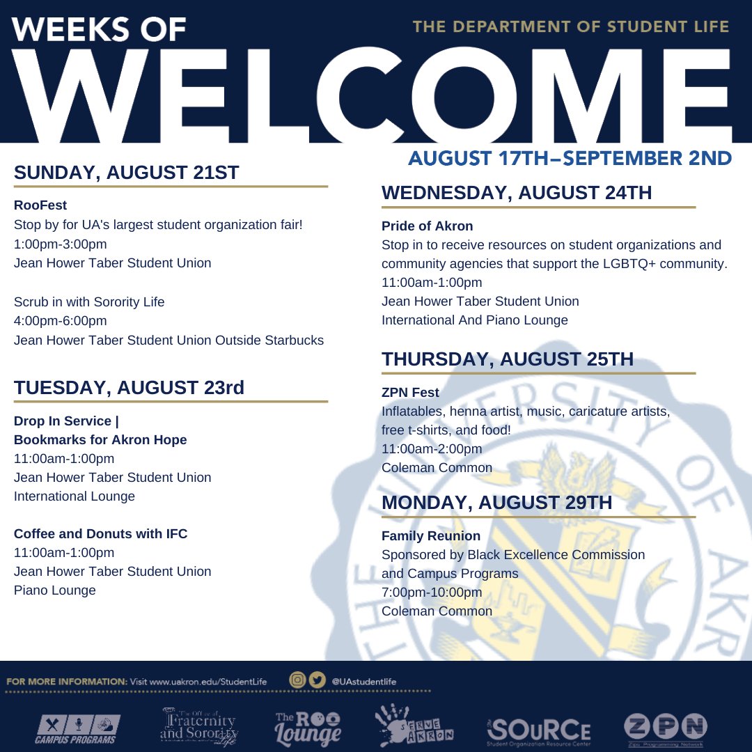uakron's tweet photo. HAPPY WELCOME WEEK!!!! There's so many activities planned these next few weeks for our Zips! Be sure to check some of them out! 🦘💙 https://t.co/bVanVs39j6