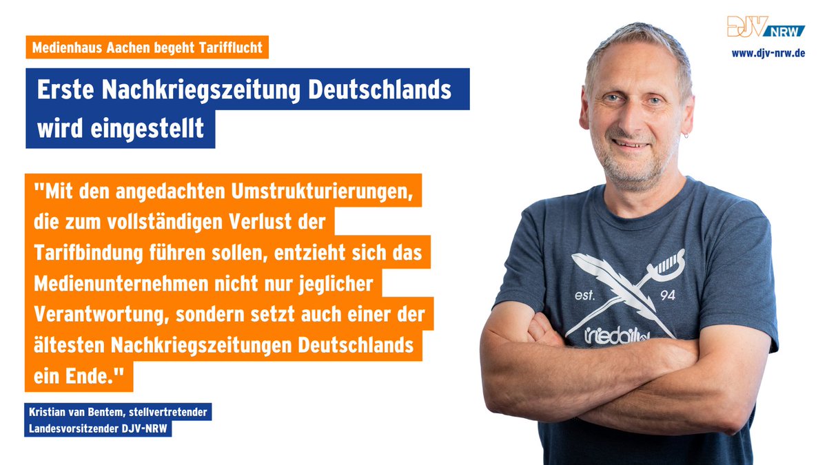 DJV_NRW's tweet image. In #Aachen ist das Ende einer Ära verkündet worden: Ab Herbst wird mit den @an_topnews Deutschlands erste #Nachkriegszeitung #eingestellt.  
Der DJV-NRW kritisiert die folgenschwere Entscheidung des kürzlich von @Mediahuis_BE  übernommenen Verlags: djv-nrw.de/startseite/inf…
