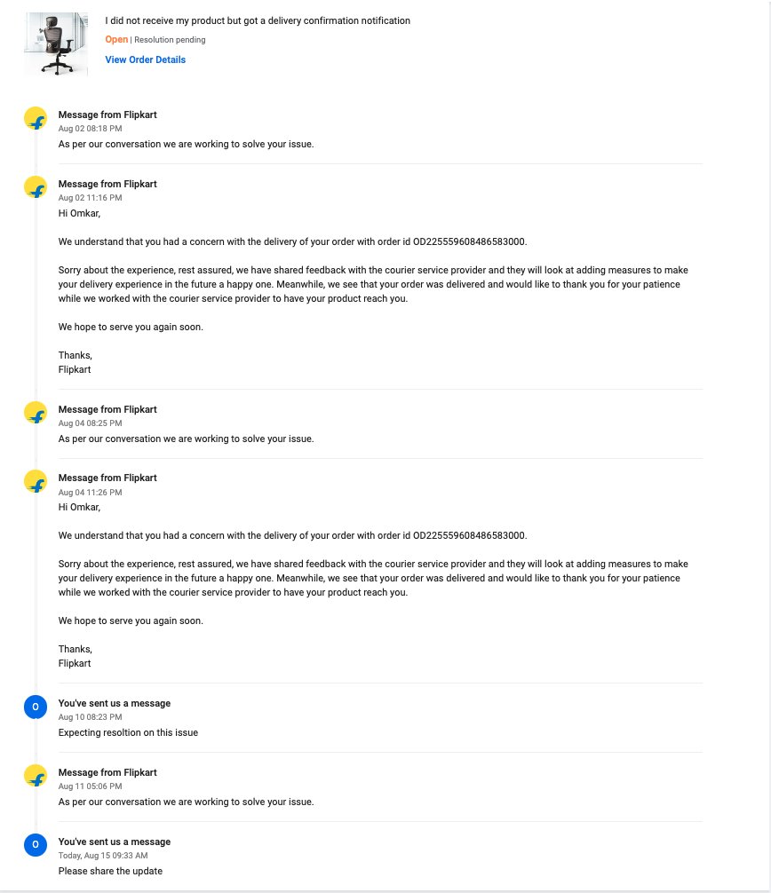 omkarbest's tweet photo. #Flipkart #flipkartsupport
Seller marked product delivered but no physical delivery Customer service has typical response to wait for another 24 hours. No resolution for last 18 days. you are closing the open issues by yourself.Very unethical practice
Order# OD225559608486583000 https://t.co/TECFhfFt2D