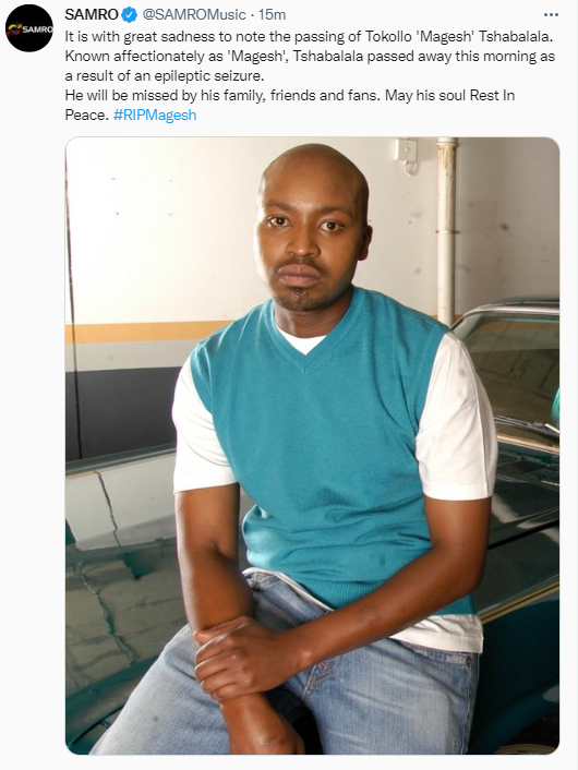 SibonisoShamase's tweet photo. Kwaito legend and member of iconic group TKZee Tokollo “Magesh” Tshabalala has passed away ..
According to a statement released by the band, he passed away on Monday morning as a result of an epileptic seizure 😞😓😞
Epilepsy is a moer of a thing .. #RIPTokollo https://t.co/EINNaFKSDo