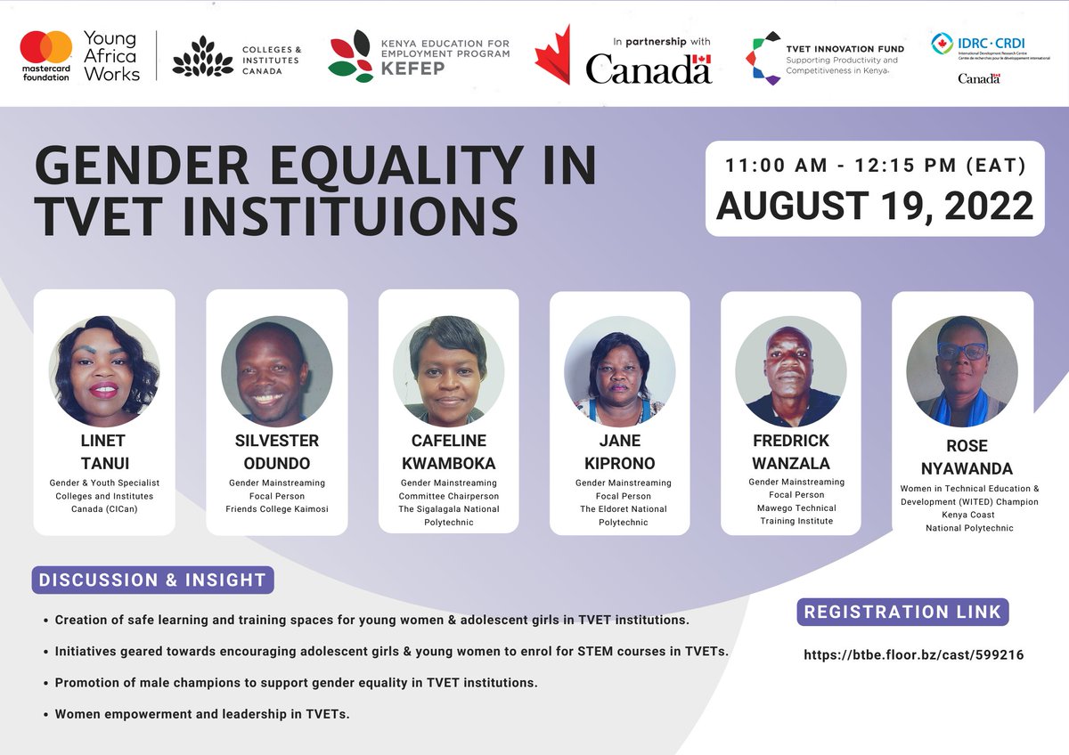 If you missed Friday's session, we're doing one more by <a href="/CICan_Kenya/">CICan In Kenya</a> 
Join us this Friday at 11am and be part of the conversation on 'Gender Equality in TVET Institutions'
Registration Link: btbe.floor.bz/cast/599216

<a href="/tvetinkenya/">Permanent Working Group on TVET in Kenya</a> <a href="/TVETAKenya/">TVET Authority Kenya</a> <a href="/MonariPeterJ/">Monari, Peter Joseph Ph.D</a> <a href="/capyeikenya/">CAPYEI</a>