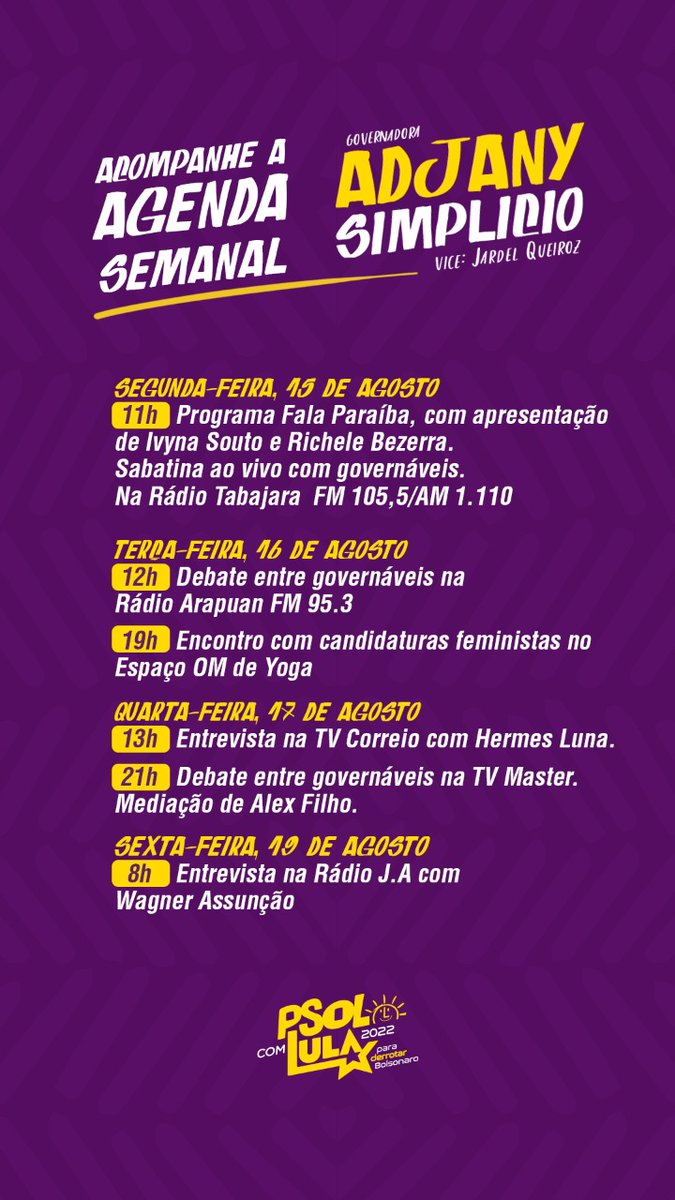 AdjanySimplicio's tweet photo. Bom dia! Vamos botar a cara no sol e acompanhar a agenda da nossa candidata ao Governodo Estado, Adjany Simplicio! VemComAProfessora!
@psol50 #PSOL #PSOLPB #AdjanySimplicio #AdjanyGovernadora #EuVouComAProfessora #Eleições2022 #EquipeAdjany #VamosJuntasPeloBrasil #ChamaMulher https://t.co/U7Y0QTnNi0