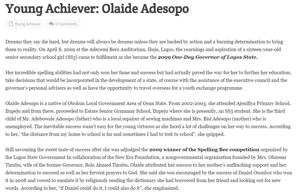 dmightyangel's tweet photo. In 2009, the Spelling Bee Winner was 16 year Miss Olaide Adesopo. She is a student of Estate Senior Grammar School also in Ilupeju, Lagos. She became the #OneDayGovernor https://t.co/0ea5ZOjwdL