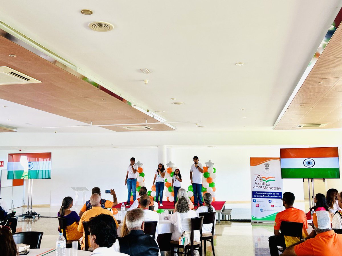 IndiainSpain's tweet photo. Following the flag hoisting, Amb @DineshKPatnaik delivered the President's Address. This was followed by a cultural act, including patriotic songs by children and a dance performance. 
#AmritMahotsav https://t.co/kOKpV3HV4X