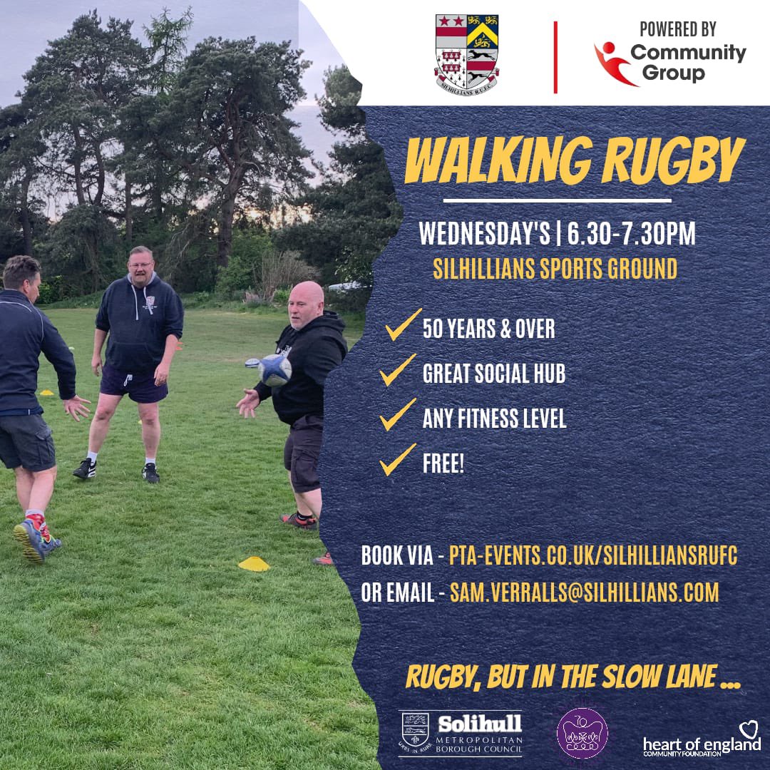 SilsCommunity's tweet image. What better way than to get a Rugby ball in the hands, up your step count &amp;amp; make the most of the lovely evenings!?

Join us for Walking Rugby at @SilhilliansRUFC 

We know you won’t regret it!

🕧 6.30-7.30pm

🔌 powered by @CommunityGroup5 

#PoweringSolihull