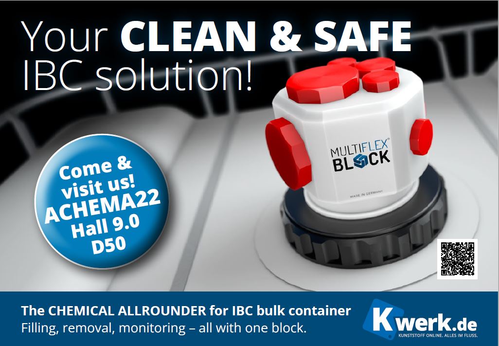 Save the Date: From August 22nd to 26th we will be at ACHEMA 2022 in Frankfurt. We are looking forward to your visit.
#Kwerk #tradefair #processindustries #B2B #MULTIFLEXBLOCK #montabaur #Westerwald