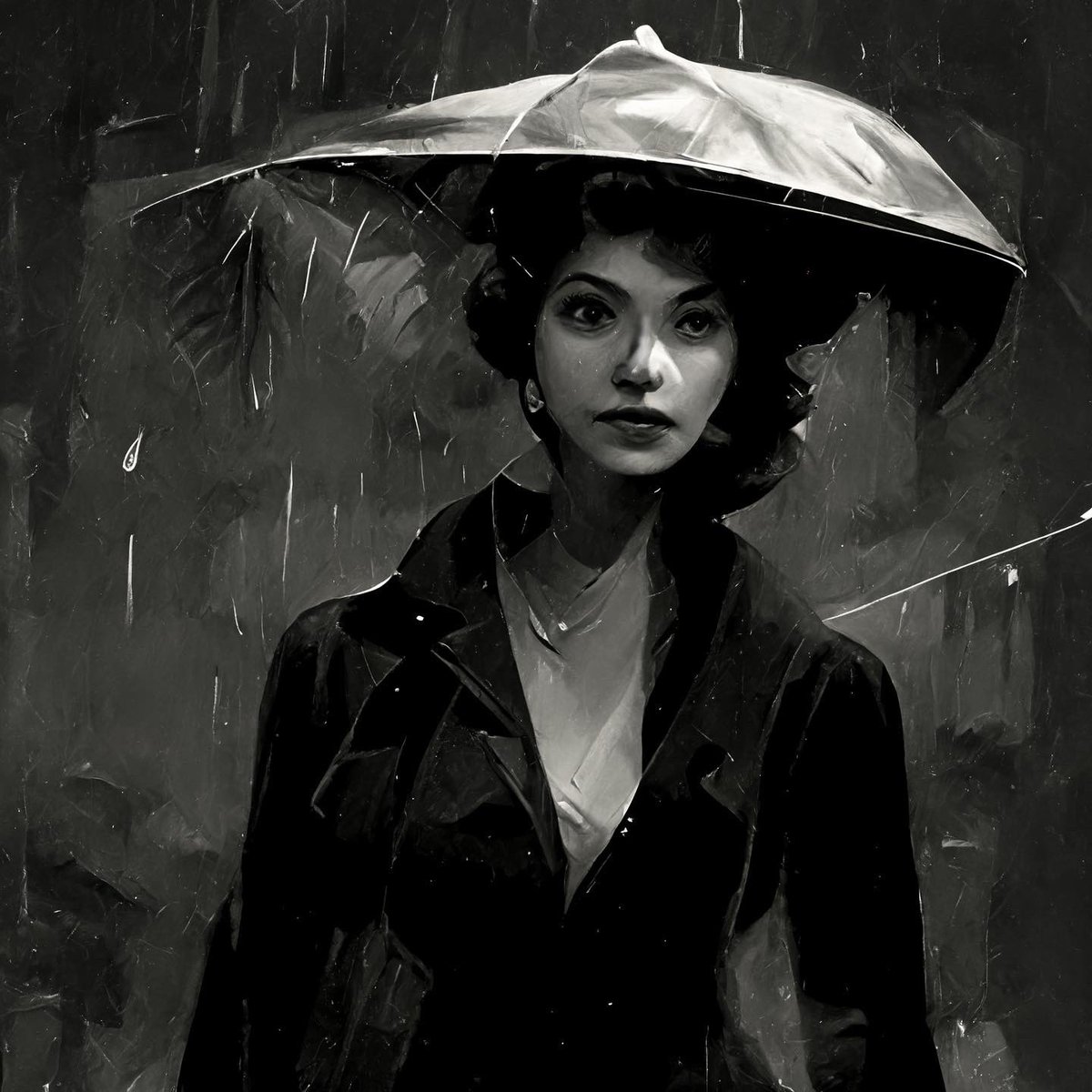 RogerAn3D's tweet photo. Day 3 of #Midjourney experimentation:

1st AI collaboration with my wife @kelligrant 

How does an AI-generated art collaboration go?  

I yell across the room, "Honey what would you like your prompt to be?"  

"Glamorous woman in the rain!"  

"In what style?"

"Noir." https://t.co/On9w8AwmQc