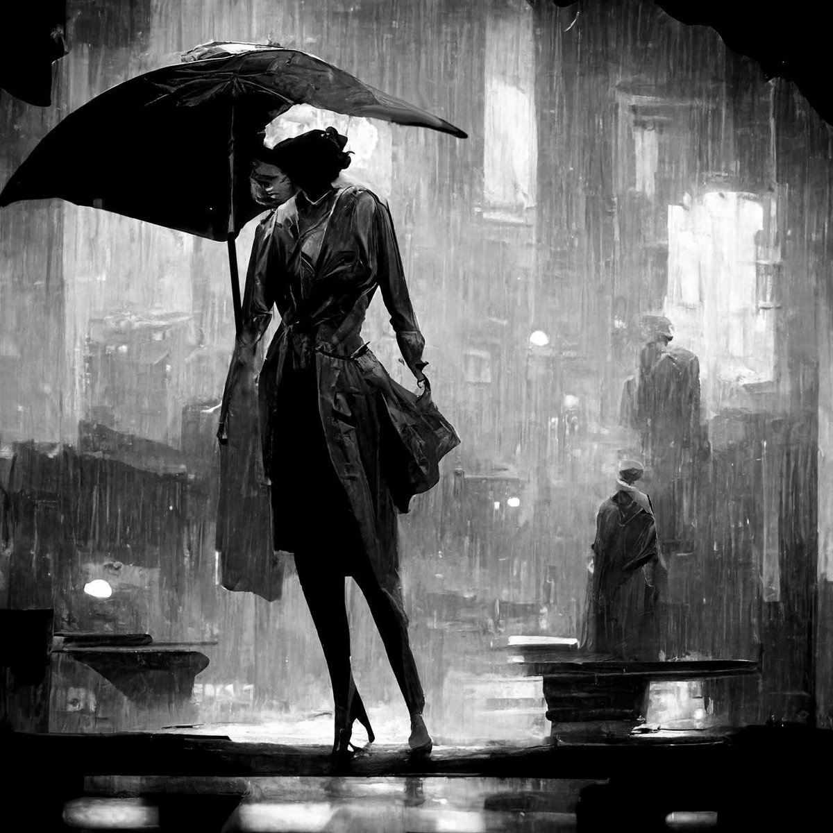 RogerAn3D's tweet photo. Day 3 of #Midjourney experimentation:

1st AI collaboration with my wife @kelligrant 

How does an AI-generated art collaboration go?  

I yell across the room, "Honey what would you like your prompt to be?"  

"Glamorous woman in the rain!"  

"In what style?"

"Noir." https://t.co/On9w8AwmQc