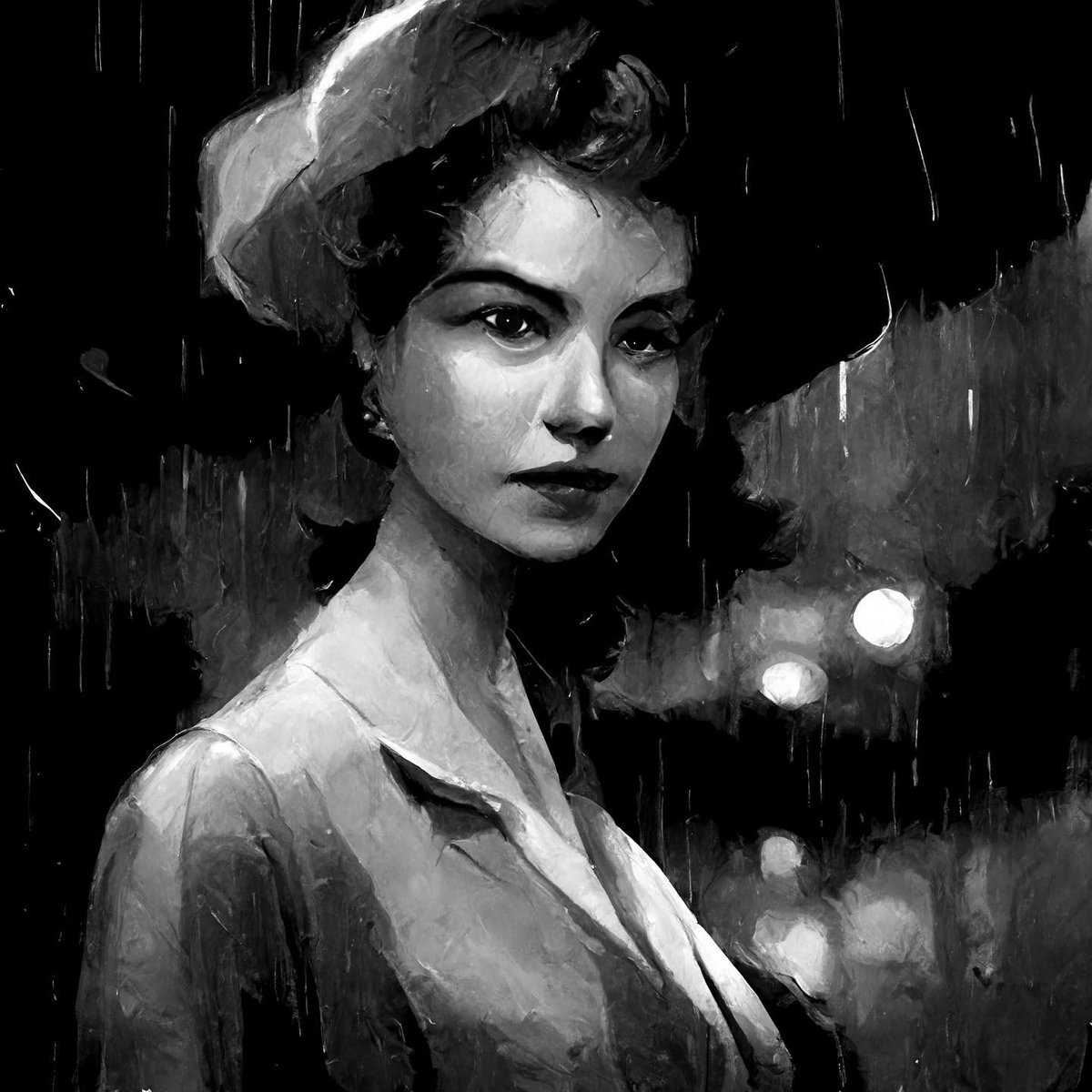 RogerAn3D's tweet photo. Day 3 of #Midjourney experimentation:

1st AI collaboration with my wife @kelligrant 

How does an AI-generated art collaboration go?  

I yell across the room, "Honey what would you like your prompt to be?"  

"Glamorous woman in the rain!"  

"In what style?"

"Noir." https://t.co/On9w8AwmQc