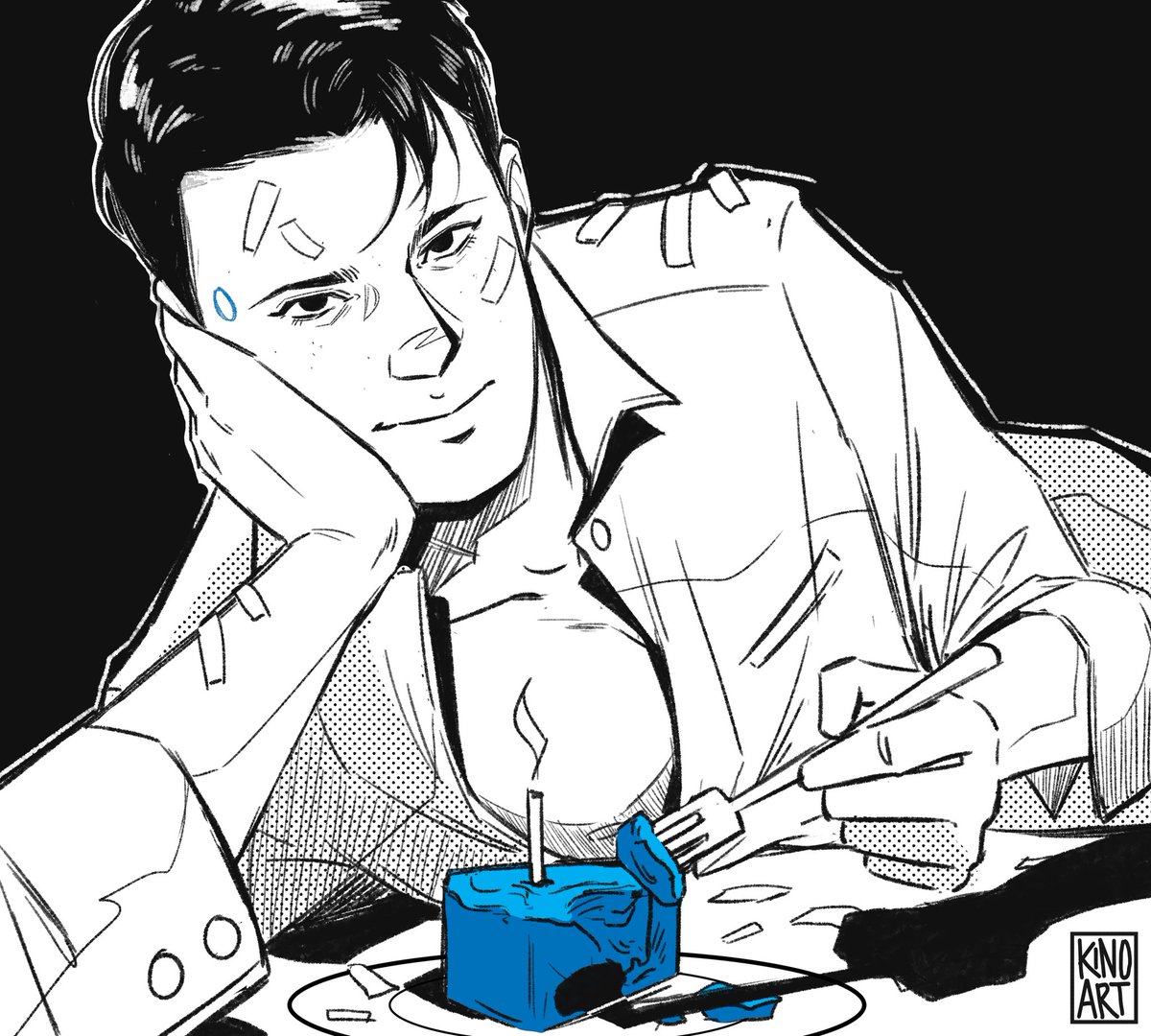 AelKino_'s tweet photo. Happy Connor's day!! 🥳💙
Although I'm a new DBH fan, I don't want to miss this cute boy's special day with thirium cake. 
#DetroitBecomeHuman #Connor #RK800 https://t.co/ySOyCYrVIH