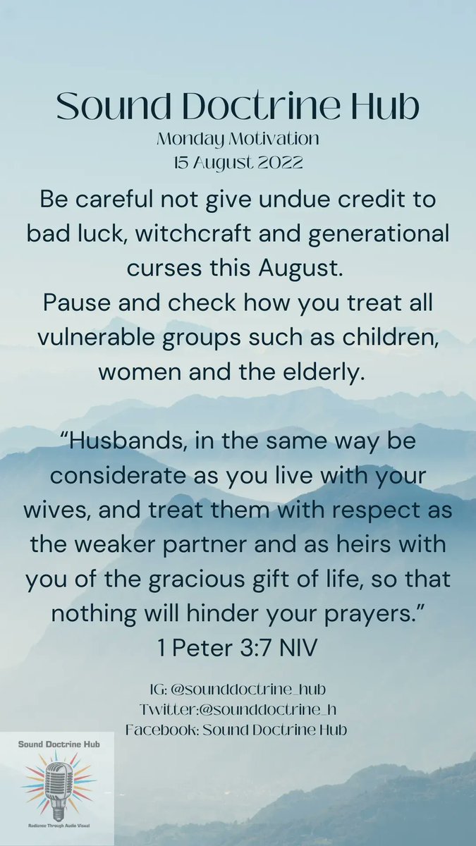 sounddoctrine_h's tweet image. It’s that day of the week again! 
This week’s  #SDHMondayMotivation is from 1 Peter 3:7

This week’s motivation is for the men, whether single or married. 
We urge you to mediate on these words

We’d love to hear your thoughts. Comment below! Have a great week!

#SoundDoctrineHub
