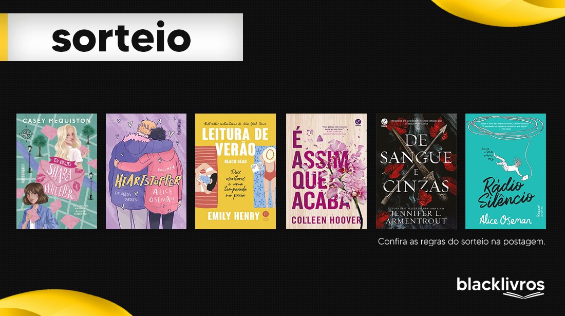 BlackLivros's tweet photo. SORTEIO RELÂMPAGO ⚡️

Quer concorrer a um desses livros? 📖

Siga as regras:
- Siga o @blacklivros
- Dê RT neste tweet.

Resultado hoje (15/08) às 17h. Boa sorte! 🍀 https://t.co/nwFG1pK071