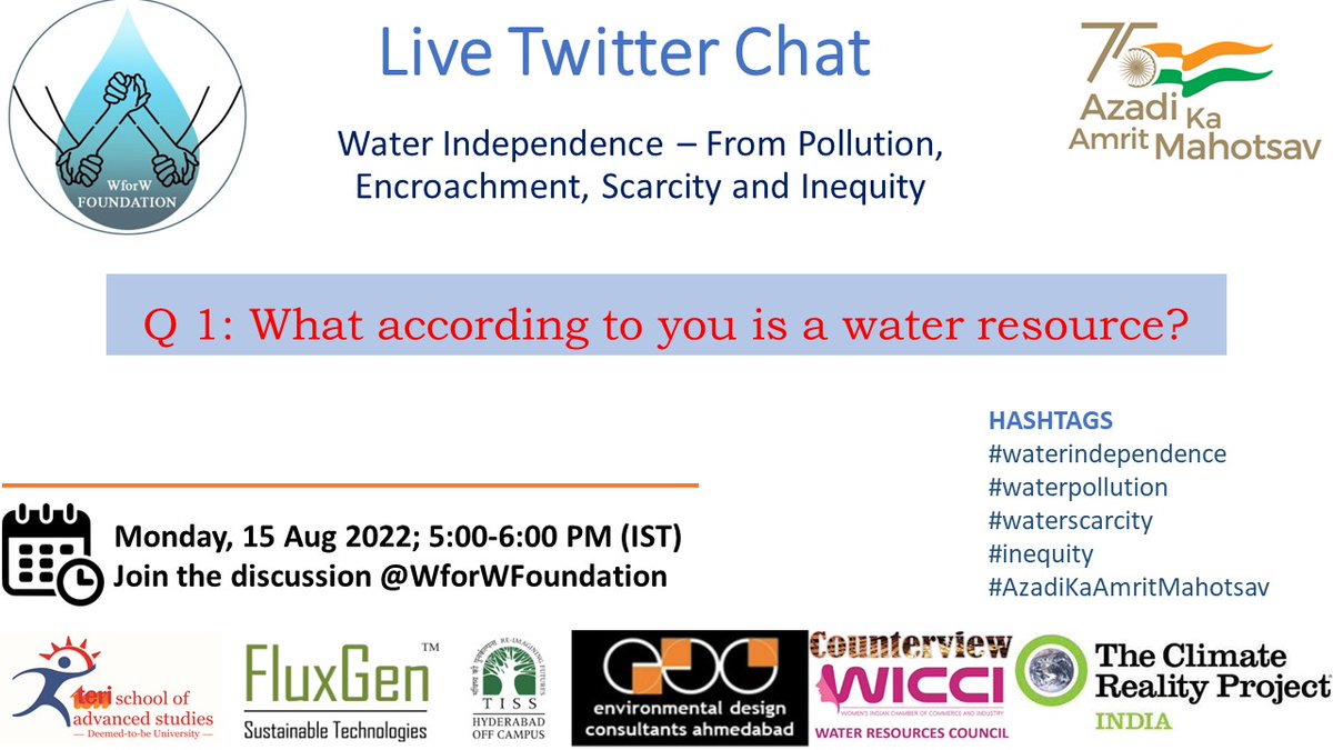 WforW.Foundation (@wforwfoundation) on Twitter photo #waterindependence #waterpollution #scarcity #inequity #AzadiKaAmritMahotsav <a href="/Ashwani_IITK/">Ashwani Kumar</a> <a href="/VinniMunjal/">Vinni Lakshmi Munjal</a> <a href="/LvngDMyth/">Swayam prabha Das</a> <a href="/bhaveshsw/">Bhavesh Swami</a> <a href="/terischool/">TERI School of Advanced Studies</a> @tcrpindia <a href="/FluxGenTech/">FluxGen</a> @counterviewin <a href="/waterrescon/">WICCI.WaterResCon</a> <a href="/TISSpeak/">TISS - Tata Institute of Social Sciences</a>
Q 1: What according to you is a water resource? #waterindependence #waterpollution #scarcity #inequity #AzadiKaAmritMahotsav <a href="/Ashwani_IITK/">Ashwani Kumar</a> <a href="/VinniMunjal/">Vinni Lakshmi Munjal</a> <a href="/LvngDMyth/">Swayam prabha Das</a> <a href="/bhaveshsw/">Bhavesh Swami</a> <a href="/terischool/">TERI School of Advanced Studies</a> @tcrpindia <a href="/FluxGenTech/">FluxGen</a> @counterviewin <a href="/waterrescon/">WICCI.WaterResCon</a> <a href="/TISSpeak/">TISS - Tata Institute of Social Sciences</a>
Q 1: What according to you is a water resource?