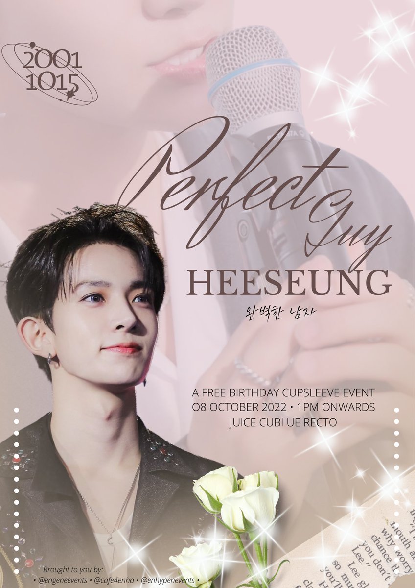 EngeneEvents's tweet photo. ༻✧ Perfect Guy Heeseung ✧۫༺

The much awaited Birthday of our perfect pitched guy, Join us as we celebrate the perfect date with our ace LEE HEESEUNG. 

📌: FREE Birthday CSE
📅: 10.08.22
📍: Juice Cubi UE Recto, Manila
⏱️: 1PM Onwards
🔗: Reg: 10.20 @ 9PM

#PerfectGuyHeeseung https://t.co/67LZVT7EbS