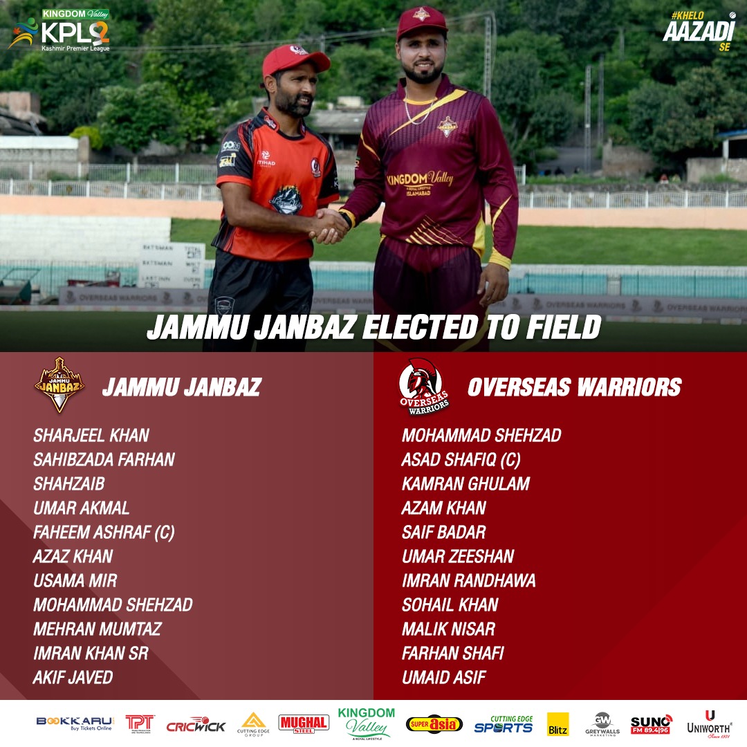 Kashmir Premier League (@kpl_20) on Twitter photo 🚨 TOSS UPDATE 🚨
<a href="/JammuJanbaz/">Jammu Janbaz</a> have won the toss and elected to field against <a href="/WarriorsKPL/">Overseas Warriors</a>
#KingdomValleyKPL I #KheloAazadiSe | #JJvOW 🚨 TOSS UPDATE 🚨
<a href="/JammuJanbaz/">Jammu Janbaz</a> have won the toss and elected to field against <a href="/WarriorsKPL/">Overseas Warriors</a>
#KingdomValleyKPL I #KheloAazadiSe | #JJvOW
