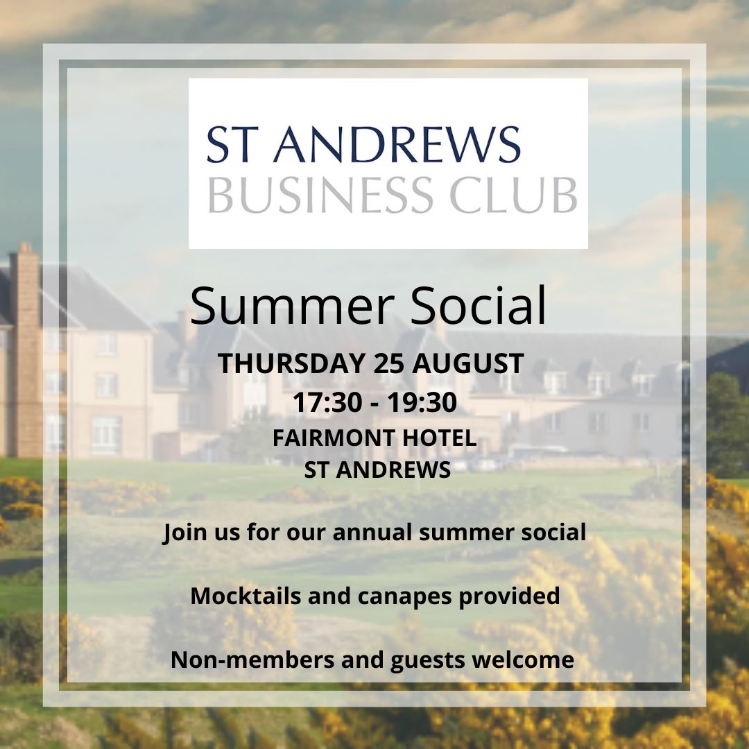 StAndrewsBClub's tweet photo. St Andrews Business Club is hosting its summer social on Thursday 25th August at the Fairmont Hotel.  Come and join us and meet other local business people with members,  guests and non-members all welcome. For more info and to book, please go to https://t.co/EGQuruRz2O... https://t.co/vwJFjFbOKz