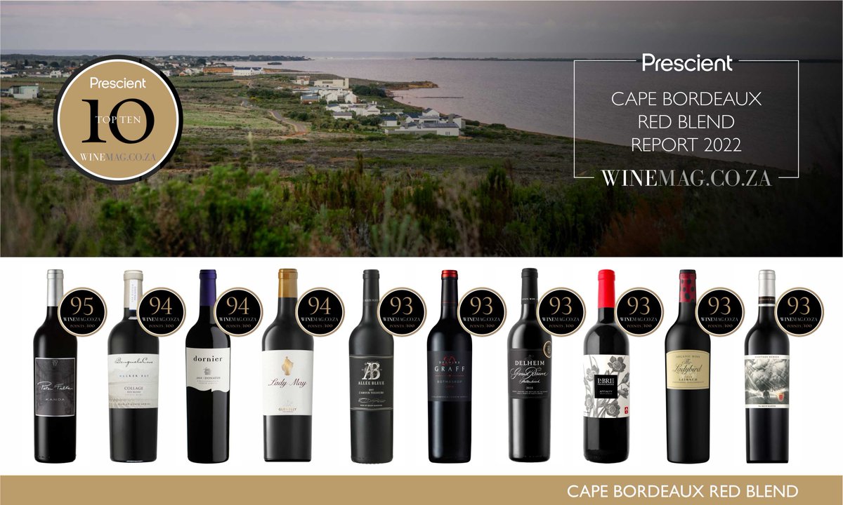 Winemag's tweet photo. Congratulations to all our Top 10 @Prescient_SA  Cape Bordeaux Red Blend 2022 Winners! 
~ @peterfalkewines 
~ @BenguelaCove 
~ @DornierWines 
~ @GlenellyEstate 
~ @AlleeBleue 
~ Delaire Graff 
~ @Delheim 
~ @LaBriWine 
~ Laibach 
~ @Nederburg 

Shop: https://t.co/Xilv1SnxdY https://t.co/rM33o45BUH