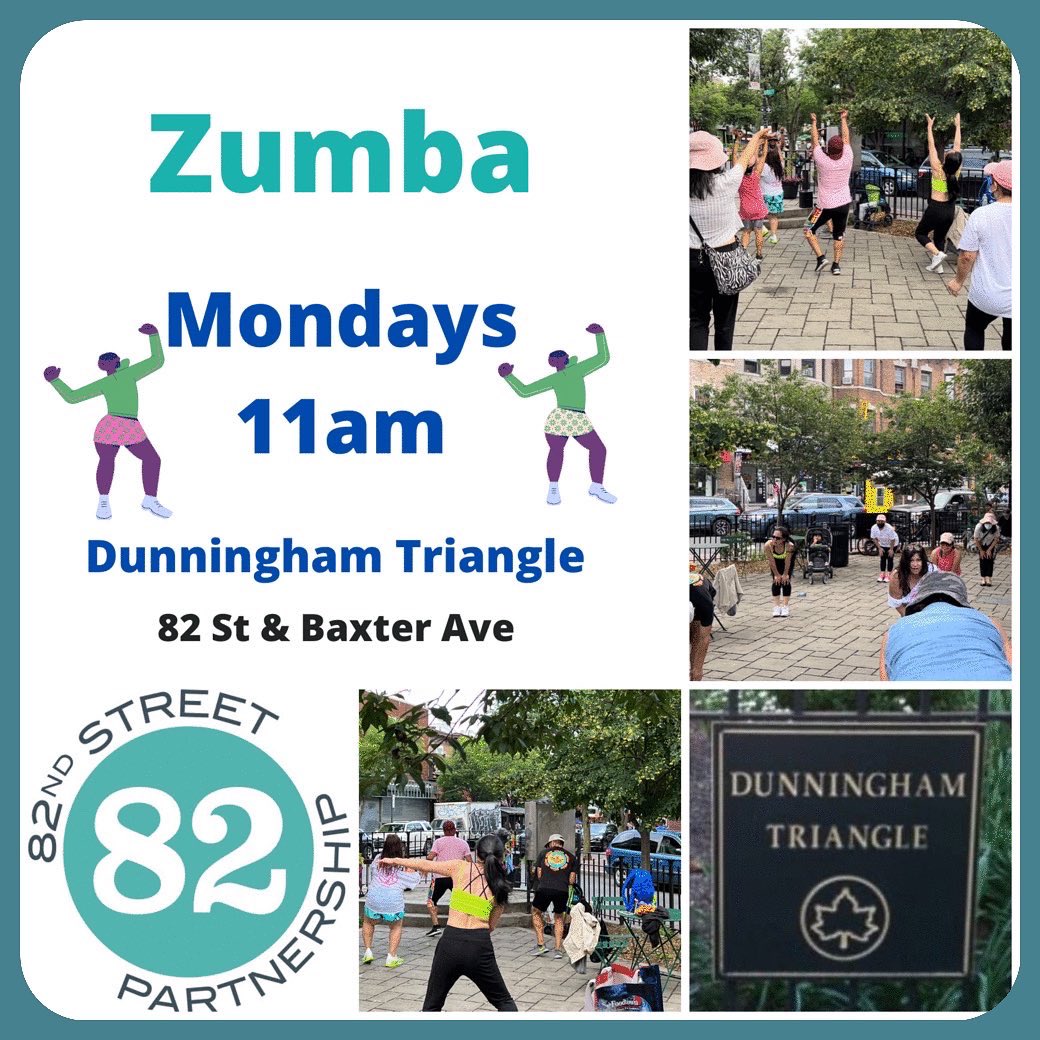 82ndStQueens's tweet photo. Good morning - join us for Zumba at 11am! The @82ndStQueens Partnership offers free Zumba classes every Monday w/ the amazing Veva.
Free & open to all.
#shoplocal
#NeighborhoodsNow
@van_alen
@UDFNYC
#JacksonHeights
#elmhurst
#zumba #freezumba
#dunninghamtriangle https://t.co/2kDlEkxlDo