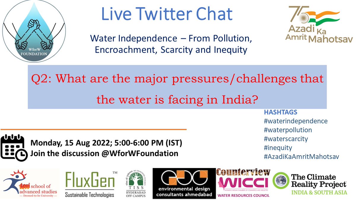 WforW.Foundation (@wforwfoundation) on Twitter photo #waterindependence #waterpollution #scarcity #inequity #AzadiKaAmritMahotsav <a href="/Ashwani_IITK/">Ashwani Kumar</a> <a href="/VinniMunjal/">Vinni Lakshmi Munjal</a> <a href="/LvngDMyth/">Swayam prabha Das</a> <a href="/bhaveshsw/">Bhavesh Swami</a> <a href="/terischool/">TERI School of Advanced Studies</a> @tcrpindia <a href="/FluxGenTech/">FluxGen</a> @counterviewin <a href="/waterrescon/">WICCI.WaterResCon</a> <a href="/TISSpeak/">TISS - Tata Institute of Social Sciences</a> Q2: What are the major pressures/challenges that the water is facing in India? #waterindependence #waterpollution #scarcity #inequity #AzadiKaAmritMahotsav <a href="/Ashwani_IITK/">Ashwani Kumar</a> <a href="/VinniMunjal/">Vinni Lakshmi Munjal</a> <a href="/LvngDMyth/">Swayam prabha Das</a> <a href="/bhaveshsw/">Bhavesh Swami</a> <a href="/terischool/">TERI School of Advanced Studies</a> @tcrpindia <a href="/FluxGenTech/">FluxGen</a> @counterviewin <a href="/waterrescon/">WICCI.WaterResCon</a> <a href="/TISSpeak/">TISS - Tata Institute of Social Sciences</a> Q2: What are the major pressures/challenges that the water is facing in India?