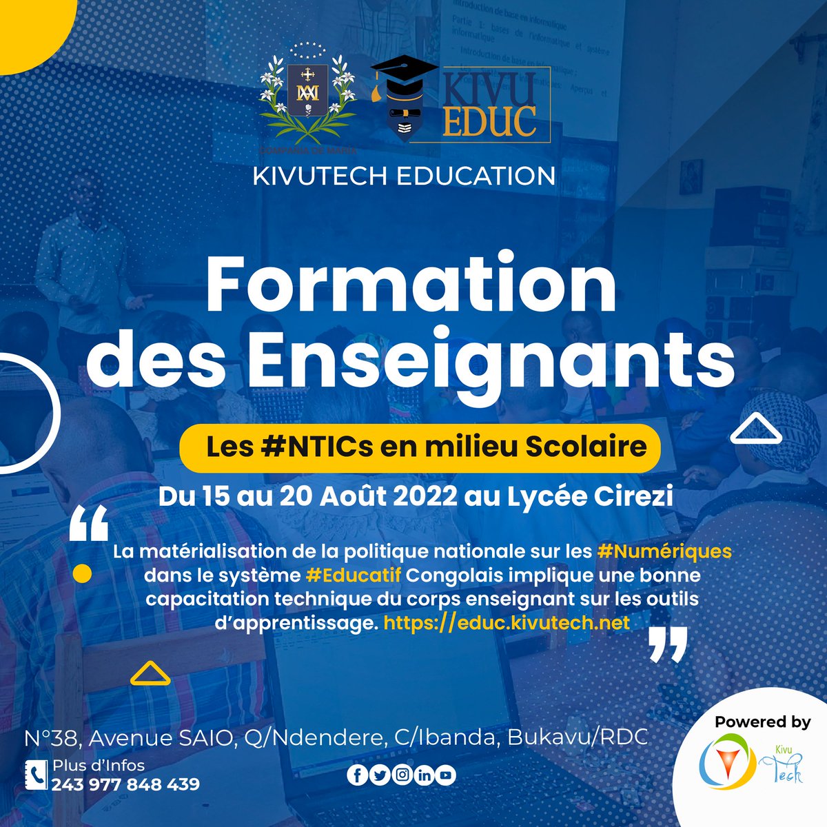 KivuTechnology's tweet photo. Formation des Enseignants sur les #NTICs en milieu scolaire.
🗓️15 au 20 Août 2022.
📍Lycée Cirezi/Bukavu.
Matérialisation de la politique nationale sur les #Numériques ds le système #Educatif 🇨🇩.
https://t.co/L8XsyXxf4m
@MinisterEPST @UNICEFDRC @UNESCO @AFD_France @GPforEducation https://t.co/gYZUilUcxo