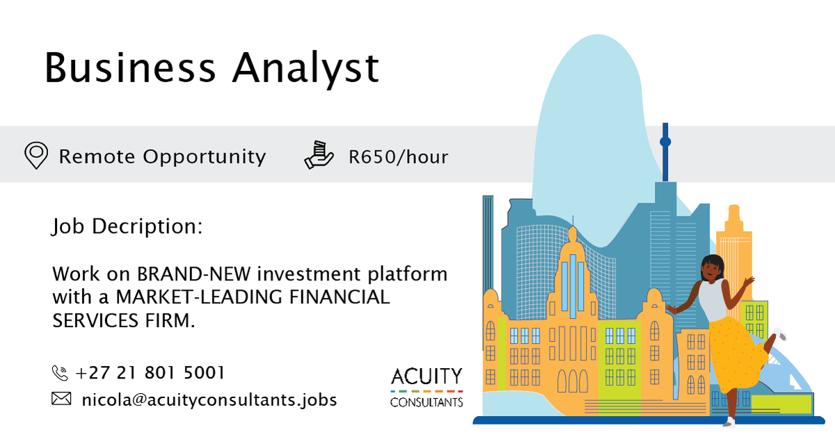 consultacuity's tweet photo. 🎯New #JOB | Business Analyst | 📍 Remote Opportunity |  💰 R650/hour

MORE DETAILS HERE: 👉 https://t.co/gpoO8ppIUv 👈

#recruitment #acuityconsultants #jobalert https://t.co/ct8S0BKuAi