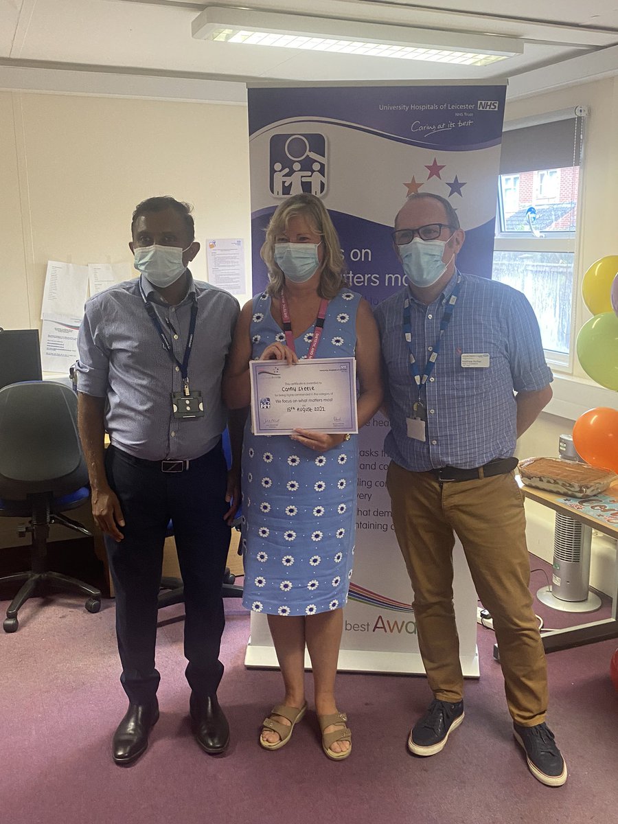 UHL_DIETITIANS's tweet photo. BIG CONGRATS to our amazing boss Cathy Steele who was presented with her #Caringatitsbest Award this morning! We are all so proud of you. Thanks to @clareteeney, Matt Archer and @DrPrashanthPat1 for attending also @Leic_hospital @BDA_Dietitians @CNmagazines @LisaJLane98 https://t.co/B3sttyYpqh