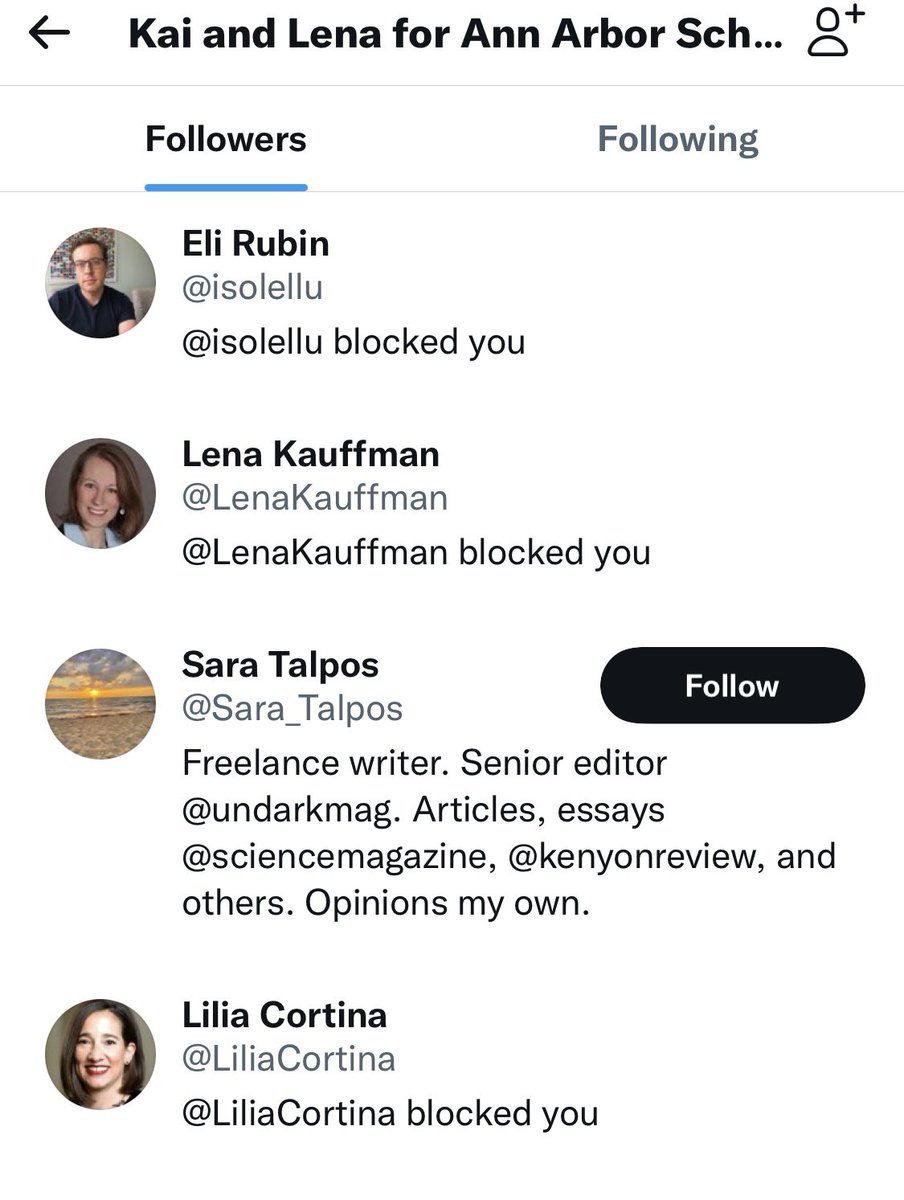 EyesOnA2r2's tweet photo. Kai Cortina and Lena Kauffman are running for school board together. Their only tweet so far is asking people to endorse them.
They currently have four followers. One is Lena herself.
One is Kai’s wife.
Those two and one other follower have blocked this account. https://t.co/VRTzTyHsgh