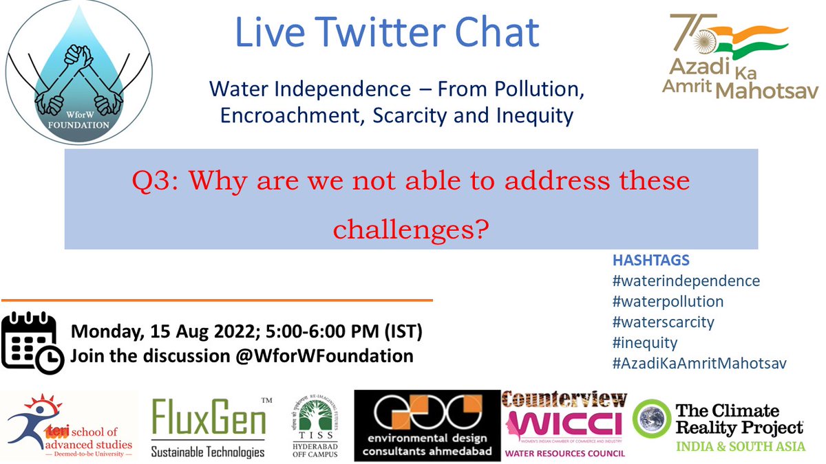 WforW.Foundation (@wforwfoundation) on Twitter photo #waterindependence #waterpollution #scarcity #inequity #AzadiKaAmritMahotsav <a href="/Ashwani_IITK/">Ashwani Kumar</a> <a href="/VinniMunjal/">Vinni Lakshmi Munjal</a> <a href="/LvngDMyth/">Swayam prabha Das</a> <a href="/bhaveshsw/">Bhavesh Swami</a> <a href="/terischool/">TERI School of Advanced Studies</a> @tcrpindia <a href="/FluxGenTech/">FluxGen</a> @counterviewin <a href="/waterrescon/">WICCI.WaterResCon</a> <a href="/TISSpeak/">TISS - Tata Institute of Social Sciences</a> Q3: Why are we not able to address these challenges? #waterindependence #waterpollution #scarcity #inequity #AzadiKaAmritMahotsav <a href="/Ashwani_IITK/">Ashwani Kumar</a> <a href="/VinniMunjal/">Vinni Lakshmi Munjal</a> <a href="/LvngDMyth/">Swayam prabha Das</a> <a href="/bhaveshsw/">Bhavesh Swami</a> <a href="/terischool/">TERI School of Advanced Studies</a> @tcrpindia <a href="/FluxGenTech/">FluxGen</a> @counterviewin <a href="/waterrescon/">WICCI.WaterResCon</a> <a href="/TISSpeak/">TISS - Tata Institute of Social Sciences</a> Q3: Why are we not able to address these challenges?