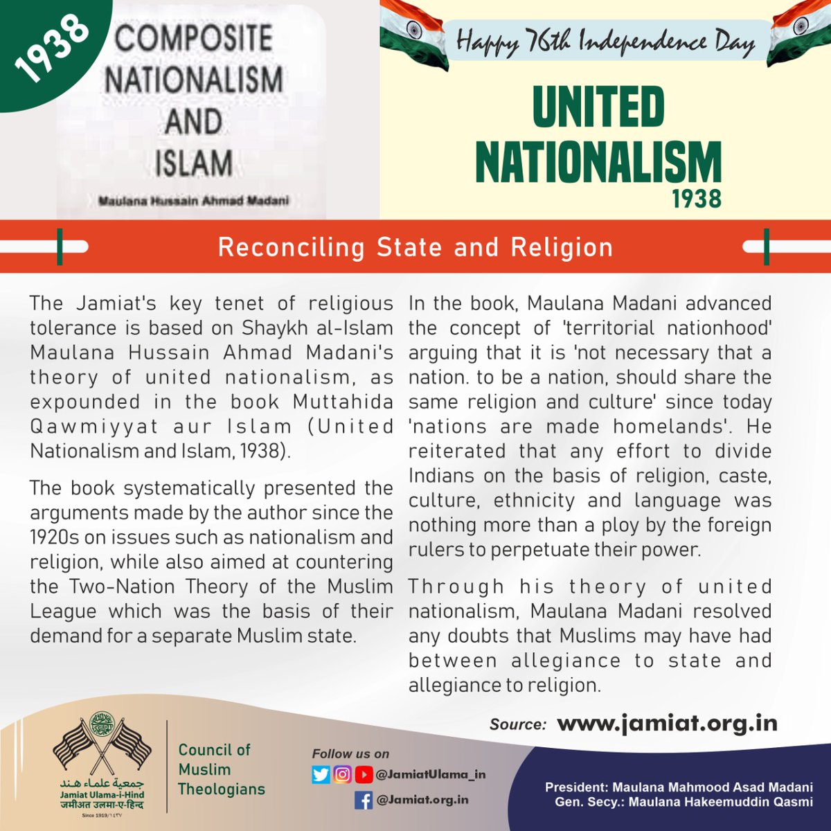 JamiatUlama_in's tweet photo. संयुक्त राष्ट्रवाद (1938)
दो राष्ट्र का विरोध
https://t.co/8BKrKIyoIF
#JamiatStruggleForFreedom #MuslimsAgainstThePartition #IndianMuslims #IndiaAt75 #AmritMahotsav https://t.co/Jqa0BtzhQB
