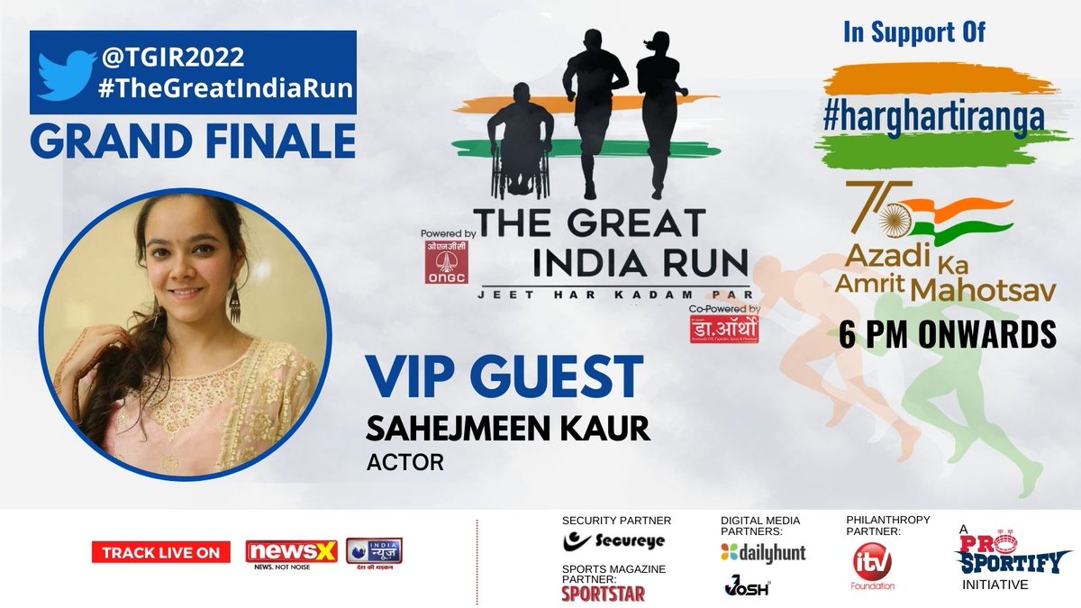NewsX's tweet photo. Watch the Grand Final of #TheGreatIndiaRun (@TGIR2022) live on NewsX | As #NewsX celebrates #AzadiKaAmritMahotsav we are joined by Actor Sahejmeen Kaur @sahejmeen today at 6pm https://t.co/m89uYXeaXR