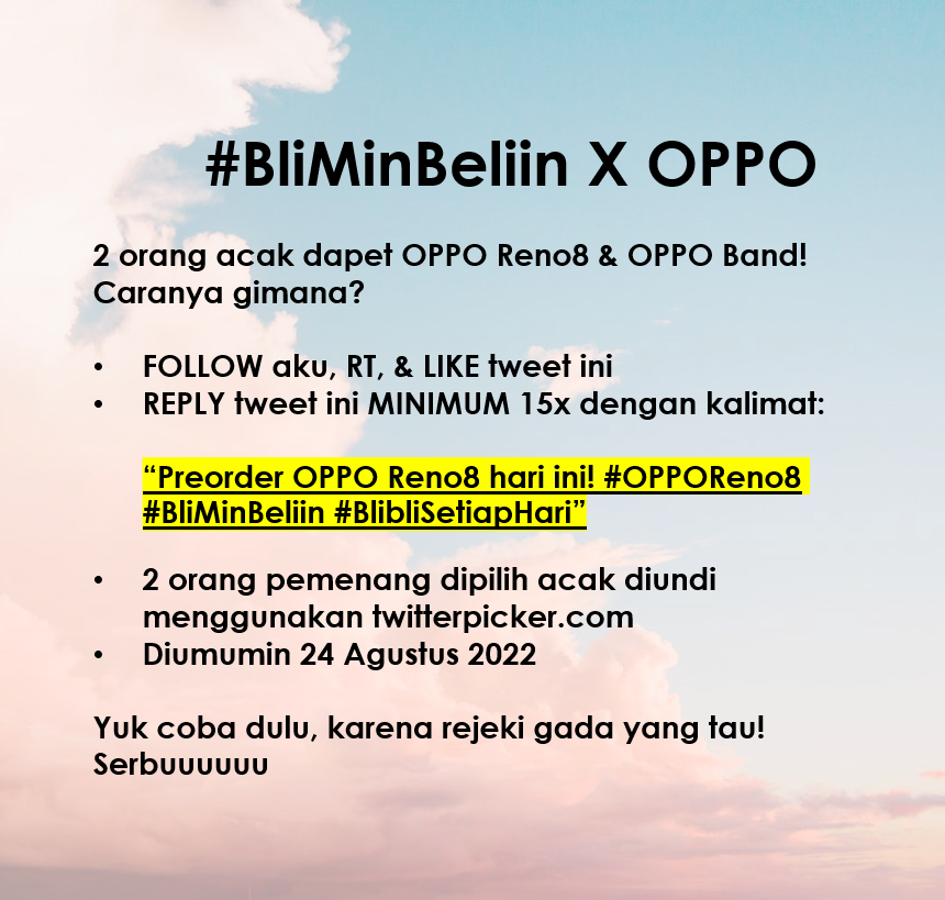 Mau #BliMinBeliin OPPO Reno8 ✨𝒈𝒓𝒂𝒕𝒊𝒔✨?

Cek gambar untuk caranya, jangan lupa berdoa yaa! 
🏁🔥 

Klik blibli.app.link/pp-rn untuk Preorder OPPO Reno8 hari ini! #BlibliSetiapHari #OPPOReno8
