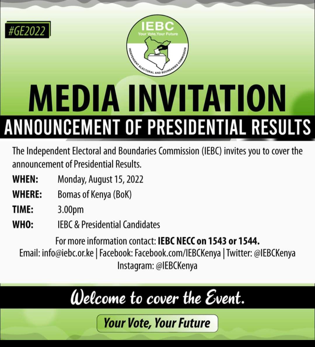 The announcement of the presidential results will be happening at the Bomas of Kenya at 3pm today. #VerifiedPresidentialResults #BreakingNews #Elections2022 #ElectionsKE  #Vote #KenyaDecides2022 #IEBCWCC2022  #IEBC #GE2022 #TusibleedNdioWalead