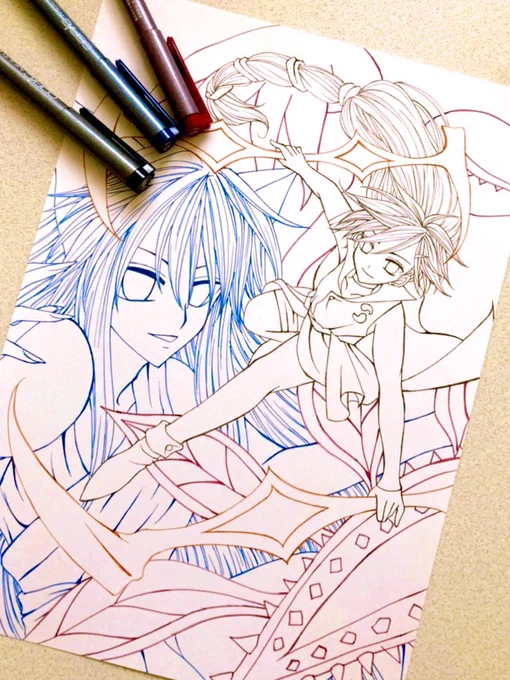 #ラフから線画と着色後と完成までを見せる  完成版は無加工です (今回背景ないので、1人完成した時のをchoice)  wipと併せて沢山見て頂き有難うございました⸜(*ˊᗜˋ*)⸝ 次の2人ものんびり進行中です