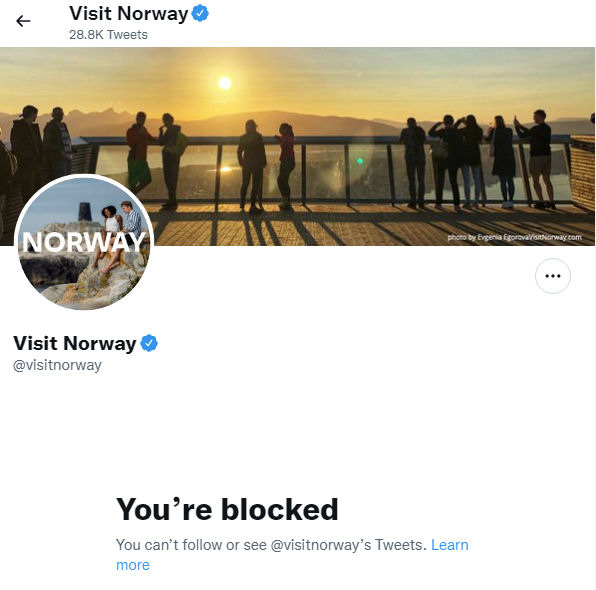 mtnsofscotland's tweet photo. Blocked for posting "Don't @visitnorway" in response to them killing Freya. Let's get this hashtag trending #dontvisitnorway. https://t.co/EmUTzqy8v8