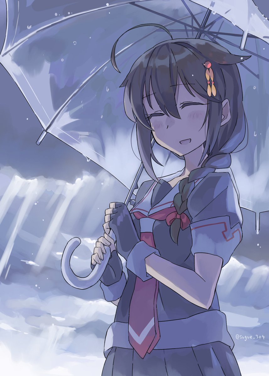 shigure (kancolle) ,shigure kai ni (kancolle) 1girl solo umbrella braid serafuku school uniform hair flaps  illustration images