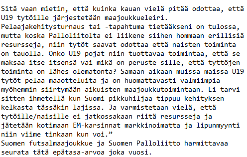 Futsali's tweet photo. Futsalmaajoukkuepelaaja Sini Lauermaa nosti mielenkiintoisia aiheita pöydälle viime viikolla:
- Missä tyttöjen pelaajakehitystapahtuma ja tyttöjen U19-maajoukkue?
- Missä naisten EM-karsintojen markkinointi ja lipunmyynti?
- Missä tasa-arvo?
@Palloliitto @FutsalSuomi #futsalfi https://t.co/vuvuYwyxzj