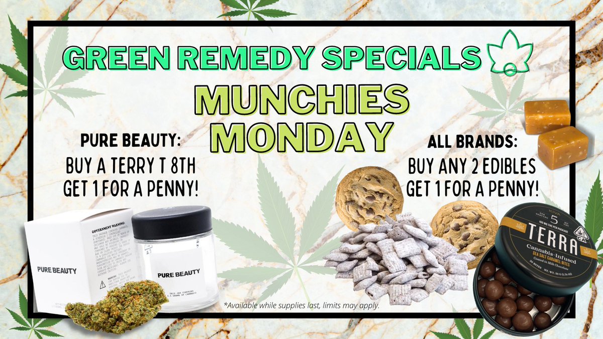GreenRemedyCA's tweet photo. MUNCHIE MONDAY IS HERE! We've got all your edible needs covered today, and threw in a bonus Terry T promo too! This CBD flower pairs perfect with your edibles to enhance your high!

*Buy any 2 edibles and get a promo for a penny!
*Buy a Terry T 8th, get 1 for a penny! https://t.co/7y76GIY5rE