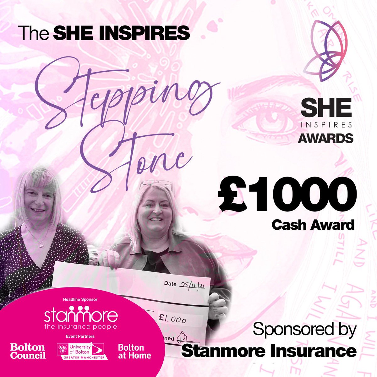 Our #SteppingStone winner #2021 #JaneDixon will be chatting with us on this Thursday 3PM about how the award helped her. 
Listen yo get very inspirational story with <a href="/AngelaKelly1/">Angela Kelly</a> LIVE on FB 

#sheinspires #women #awards #entrepreneurship 
Sponsored by <a href="/stanmoreinsure/">Stanmore Insurance Brokers Ltd</a>