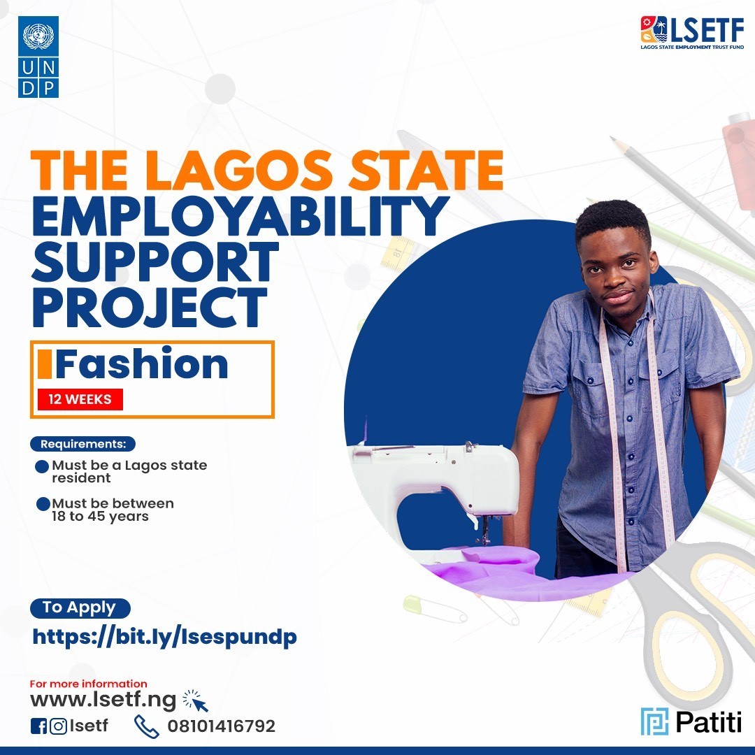LSETF's tweet photo. Do you have a passion for fashion? Would you love to build a successful career in the industry? Start by learning the requisite skills! 

Apply to the Lagos State Employability Support Project (#LSESP) for FREE training today! Visit https://t.co/LH7DF56WN3 to apply.

#LSETF https://t.co/CEteFcj4DW