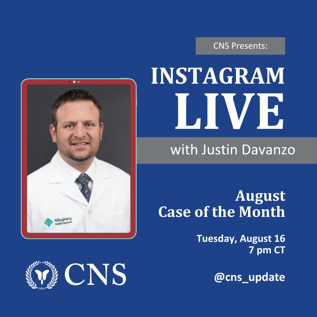 CNS_Update's tweet photo. Join @setholiveria  tomorrow at 7 pm CT as he moderates a discussion with Justin Davanzo about August's Case of the Month: Management of Penetrating of Intracranial Injury—see you there: https://t.co/yZ0qjBpa2A 

#cotm #instalive #nsgy https://t.co/gQ8bdtvPqY