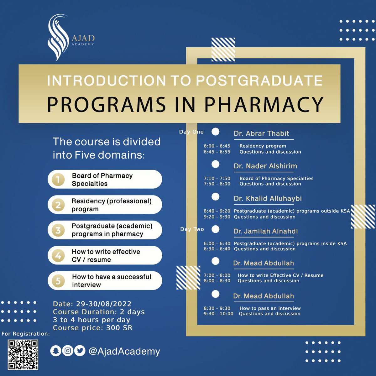 AjadAcademy's tweet photo. مجالات الصيدلة بعد التخرج متنوعة ،
دورة عن البرامج المتاحة لخريج تخصص الصيدلة وكل مايتعلق بها 
أجاد جمعها لك في مكان واحد ✨
🕰 ٢٩-٣٠ اغسطس 
ابتداءً من الساعة ٦:٠٠ مساءً
للتسجيل: 
https://t.co/dbrtwB3NUf https://t.co/jNcbNfapdD