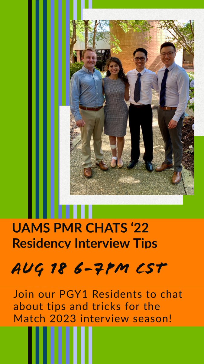 🗣Our next #Chat22 is coming up on Thursday! 🚨All med students🚨are welcome to join the #uamspmr PGY1s to chat interview tips and best practices 🫱🏾‍🫲🏽🥼Click the link in our profile to sign up! #pmr #physiatry #teamphysiatry #pmrresident #Match2023 #ERAS2023 #medtwitter