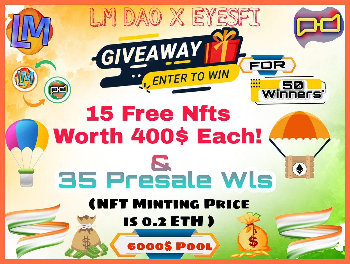 LM DAO (💰,❤) (@dao_lm) on Twitter photo 😱 #NFTGiveaway On Occasion Of 75th Independence Day🇮🇳 - POOL 6000$
We're teaming up with @EyesFi_xyz to #Giveaway-
x15 #Free NFTs😍
x35 Presale WLS🚀
(Each #NFT Worth 400$🤑)
To Win:
✅Follow <a href="/dao_lm/">LM DAO (💰,❤)</a> & @EyesFi_xyz
✅Like,RT & Tag 5Frns
✅Join: telegram.me/dao_lm
30H⏰ 😱 #NFTGiveaway On Occasion Of 75th Independence Day🇮🇳 - POOL 6000$
We're teaming up with @EyesFi_xyz to #Giveaway-
x15 #Free NFTs😍
x35 Presale WLS🚀
(Each #NFT Worth 400$🤑)
To Win:
✅Follow <a href="/dao_lm/">LM DAO (💰,❤)</a> & @EyesFi_xyz
✅Like,RT & Tag 5Frns
✅Join: telegram.me/dao_lm
30H⏰