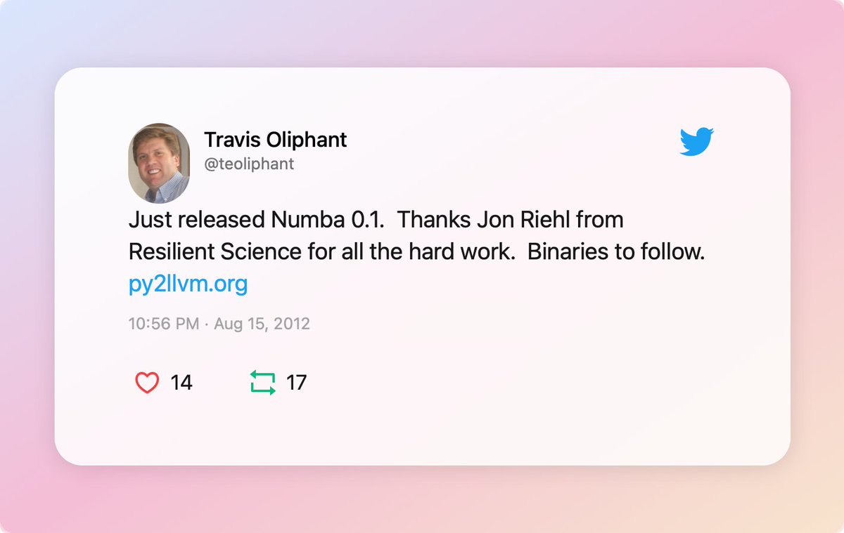 ankitmahato's tweet image. Happy 10 year anniversary 🥳 to @numba_jit 
It has been an honour to present it in various PyCons &amp;amp; a SciPy 😎
A special congrats to @teoliphant, @pwang &amp;amp; members of the awesome team who are working on it everyday (Siu, Stuart, @esc___ , @gmarkall, et. al.)