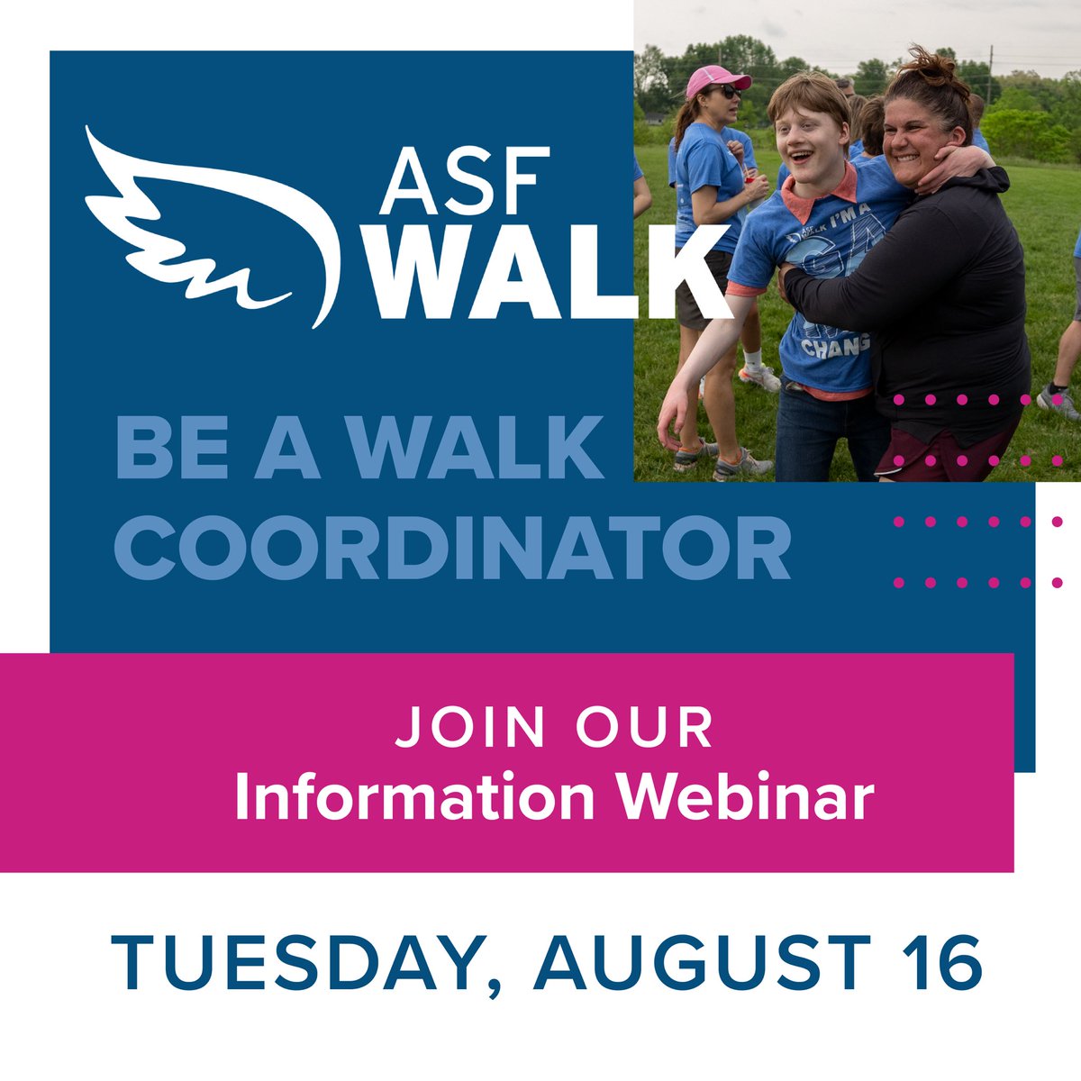 angelman's tweet photo. Interested in volunteering at or coordinating an ASF Walk?  Have questions and need some information before jumping in? Join us TOMORROW, Tuesday, August 16th at 8 pm EST.
 
Sign up here: https://t.co/hdFyxTkjLm https://t.co/YYoZqqu9Z5