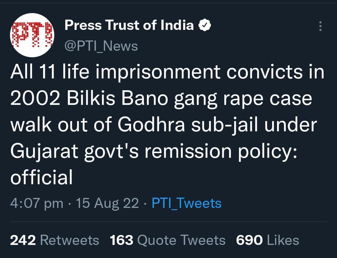 In his independence day speech today, Narendra Modi spoke about empowering women. This evening, the men who brutally gangraped Bilkis Bano during the anti-Muslim Gujarat carnage have walked free. Happy 75 India 
#AzadiKaAmritMahotsav #IndependenceDay #IndiaAt75
