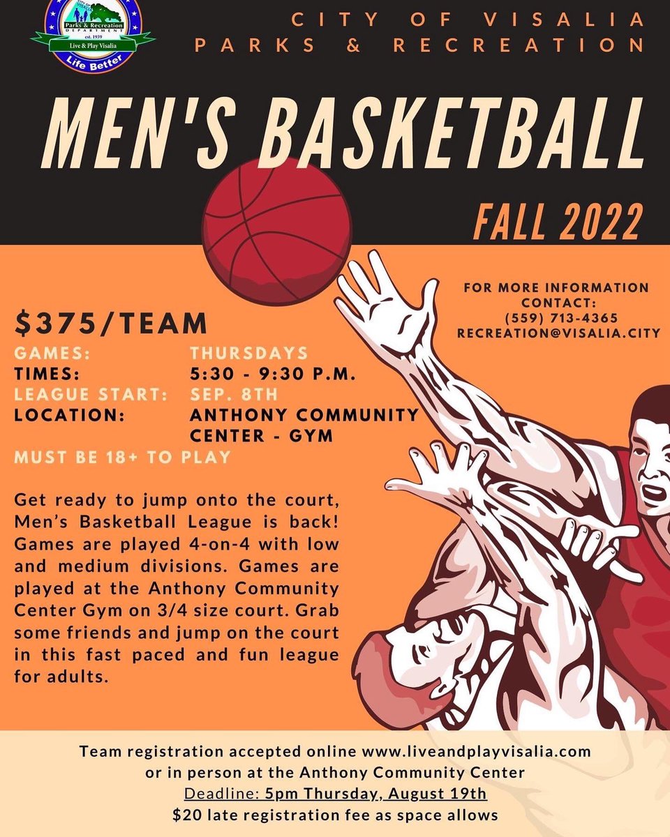 2022 Fall registration deadline for two sports is this Friday! Don’t miss the chance to register your team today!

Register online:
Visit: liveandplayvisalia.com

Register In-person:
Monday - Friday (8 a.m. - 5 p.m.)
Anthony Community Center
345 N Jacob