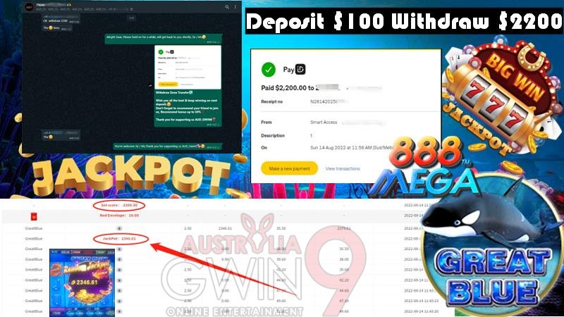 Gwin9_AUD's tweet photo. 🎊Congratulations to GWIN9Aus Members 🎊
Product : Pussy888 
Game : Great Blue
Deposit $100 >>>Withdraw $2200
Still looking for Fun ? Here have a best choice for you.😉
Fast Deposit &amp; Withdraw

✅Whatsapp : https://t.co/D0S949ztee
✅Telegram : @Gwin9aud
✅FB Page : @Gwin9aud https://t.co/M19Sg1qiqu