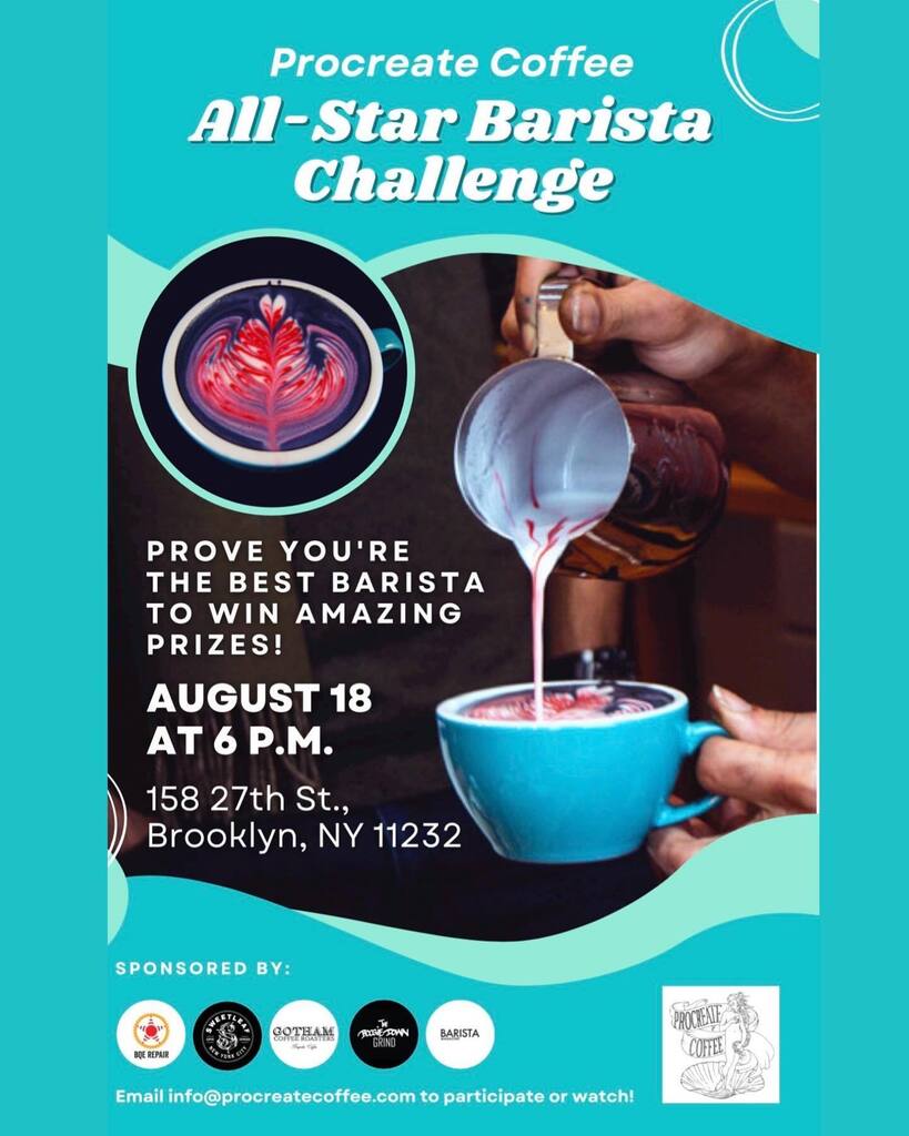 BARISTAMAGAZINE's tweet photo. Hey Brooklyn! Procreate Coffee is hosting the All-Star Barista Challenge on Thursday, August 18, at 6 p.m.! Great prizes, lots of friends—what’s not to love? 158 27th St., Brooklyn, NY. 

#procreatecoffee #brooklyncoffee #nycoffee #latteartt… https://t.co/CQIzsfScHX https://t.co/NdShJktSA3