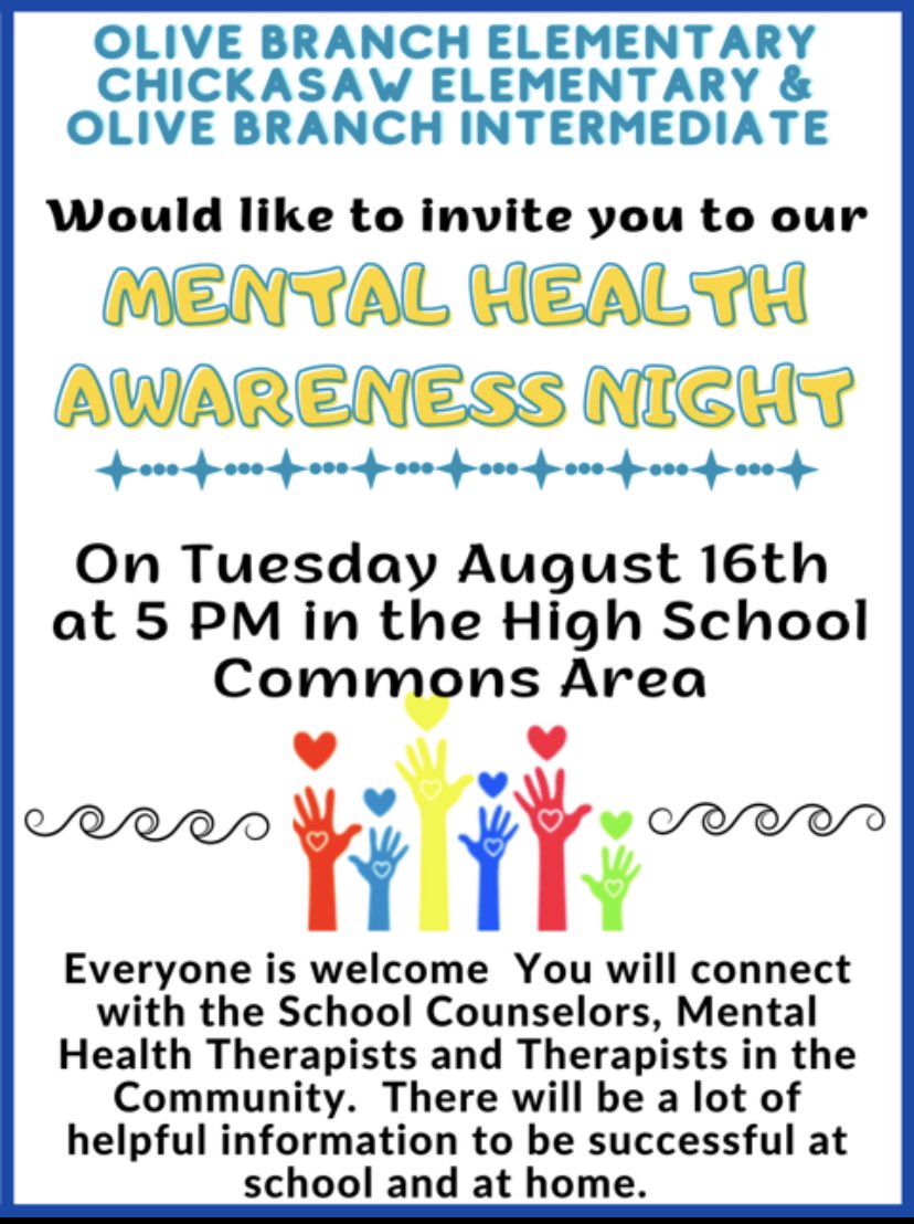 ChickasawElem's tweet photo. OB Schools’ MENTAL HEALTH AWARENESS NIGHT 
💛⚔️💙
#ChickasawChampions
#TeamDCS https://t.co/BneltvXCT3